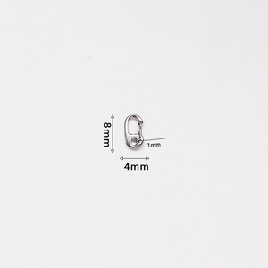 Macro detail of 8mm stainless steel spring hook lobster clasp with size measurements