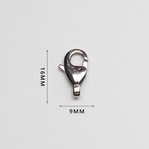 Macro detail of 316L stainless steel lobster clasp showing 16mm length and 9mm width dimensions