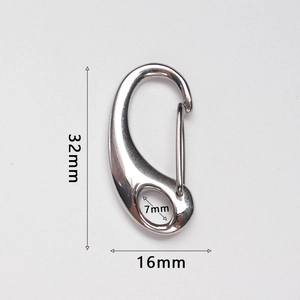 Detailed specs of a 32mm polished stainless steel spring hook with size dimensions