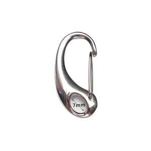 Polished silver stainless steel spring hook fastener with a 7mm inner diameter hole