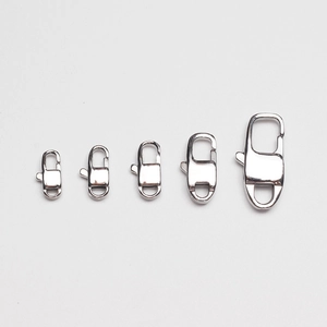 Set of five polished stainless steel lobster clasps in various sizes on gray background