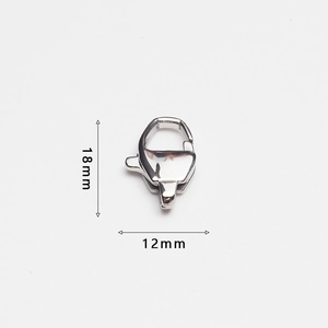 Detailed view of silver lobster clasp showing 18mm length and 12mm width measurements