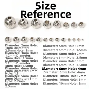 Size reference chart for stainless steel beads showing various diameters and hole sizes