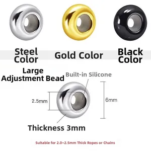 6mm stainless steel slider beads with silicone insert in silver, gold, and black colors