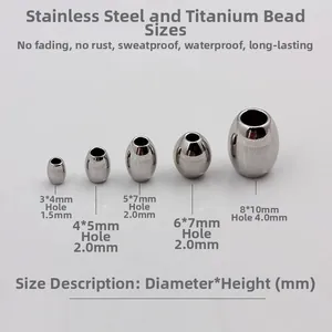 Size guide for stainless steel beads showing diameters from 3mm to 8mm and inner hole sizes