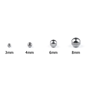 Macro shot of silver stainless steel grid mesh beads in 3mm, 4mm, 6mm, and 8mm sizes