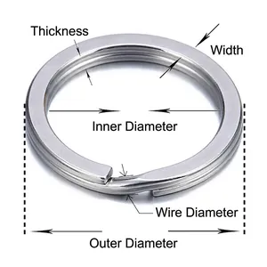 Detailed dimensions of 304 stainless steel split key ring showing thickness and diameters