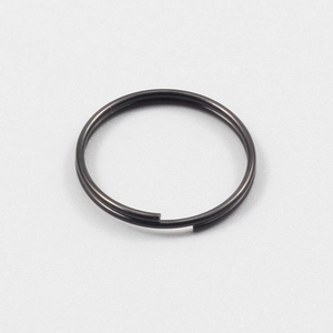 Detail of a black electroplated 304 stainless steel double loop keychain ring accessory