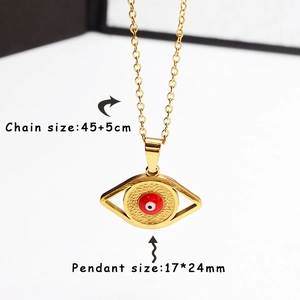 Detail of 18k gold plated Evil Eye pendant showing 17x24mm size and 45cm chain length