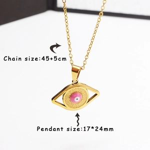 Detail of gold evil eye pendant with pink enamel and 45cm adjustable chain specs