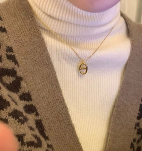 Gold stainless steel anchor link necklace worn over an autumn leopard cardigan