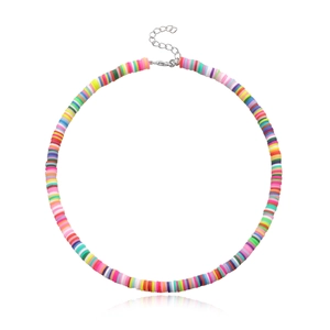Detailed shot of multi-colored 6mm heishi clay beads choker with silver lobster clasp