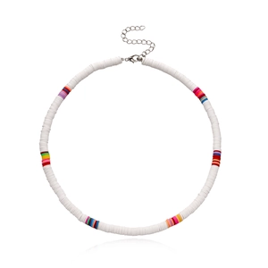Detail shot of 6mm colorful clay heishi beads choker with lobster clasp and extension chain