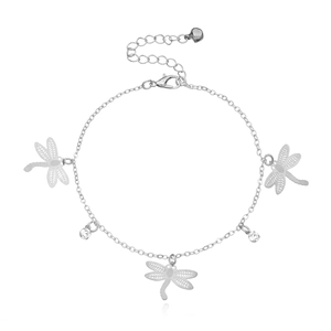 Elegant silver dragonfly anklet with sparkling rhinestones and adjustable link chain
