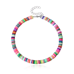 Detail of colorful 6mm handmade Heishi clay bead anklet with silver lobster clasp and chain