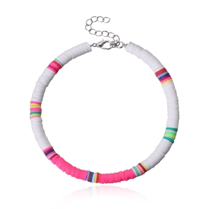 Detail of colorful handmade 6mm Heishi bead anklet with adjustable silver lobster clasp