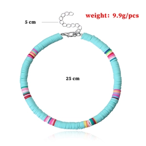 Bohemian 6mm blue polymer clay disc anklet with colorful accents and adjustable chain