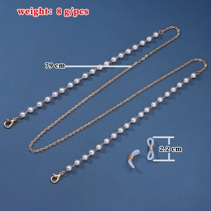 Fashionable gold chain eyewear strap with white faux pearls and secure lobster clasps