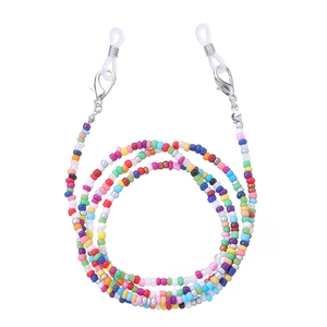 Close-up of colorful seed bead chain with lobster clasps and silicone eyewear connectors