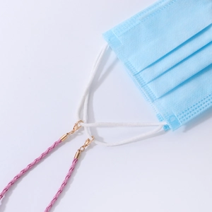 Pink braided faux leather glasses and mask chain with secure gold lobster clasps