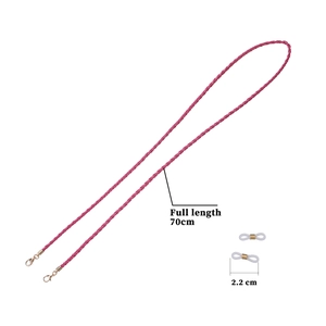Pink braided faux leather eyewear chain with gold lobster clasps and 70cm total length
