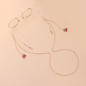 Golden metal glasses chain with red cherry charms and green leaves for women