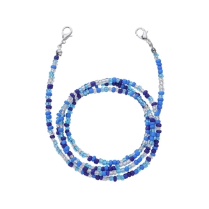Detailed close-up of blue and clear handmade beaded chain for glasses with silver lobster clasps
