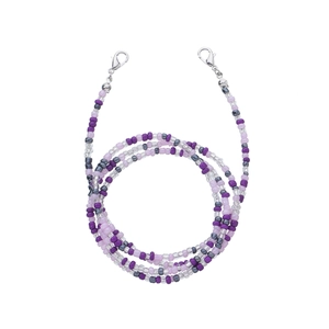 Detail of handmade purple and grey beaded glasses chain with silver lobster clasps