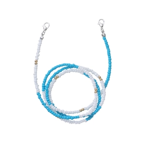 Detail of beaded glasses chain with sky blue and white beads and silver lobster clasps