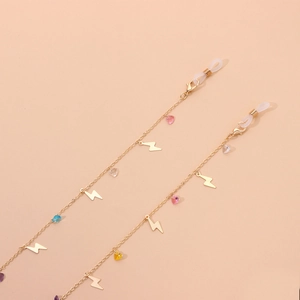 Colorful rhinestone glasses chain with gold lightning charms and heart pendants