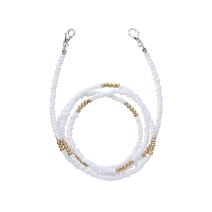 Detailed view of white seed beads and golden beads eyewear chain with lobster clasps
