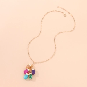 Fashion gold necklace with five vibrant colorful raw gemstone crystal pendants for women
