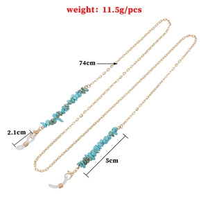 Chaîne de lunettes dorée avec pierres de turquoise et boucles en silicone, 74cm