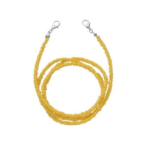 Detail of yellow beaded eyewear strap with silver lobster clasps on white background