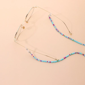 Colorful mixed seed bead eyeglass chain with gold lobster clasps and silicone loops