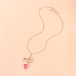 Golden chain necklace with irregular pink and clear crystal stone pendants for women