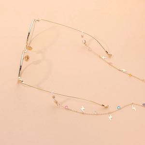 Fashion gold round glasses with colorful rhinestone beads and lightning pendant chain