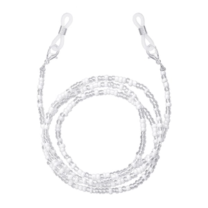 Close-up of minimalist seed bead eyewear chain with lobster clasps and silicone loops