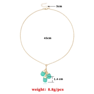 Golden chain necklace with three teal crystal pendants and measurement specifications