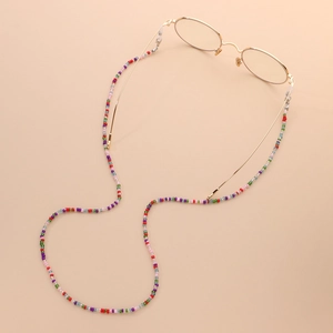 Colorful beaded eyewear chain with gold lobster clasps and non-slip silicone loops