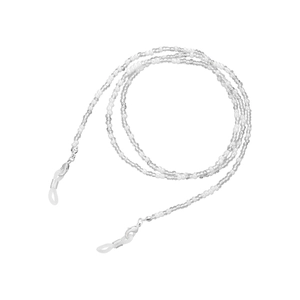 Détail du cordon de lunettes perlé avec fermoirs mousquetons argentés et boucles en silicone