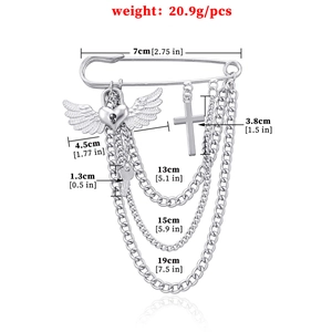 Punk silver multi-layer chain brooch with winged heart lock, cross and key charms