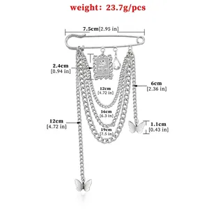 Size chart for silver rose butterfly multi-layer chain brooch with rhinestones