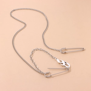 Punk style silver double-layer chain necklace with flame motif safety pin pendants