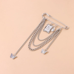 Silver multi-layer chain brooch with rose tag, butterfly charms and crystal drop
