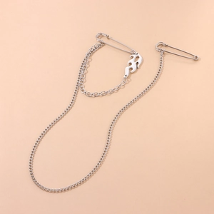 Silver punk hip-hop brooch with flame pendant and double layer Cuban chain accessory