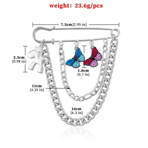 Silver chain brooch with colorful butterfly charms and metal horse pendant for women