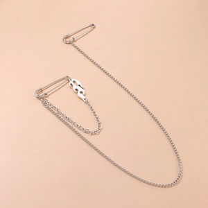 Punk style silver flame chain brooch with dual pins and gothic metal pendants