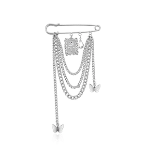 Vintage Punk Silver Alloy Multi-Layer Chain Brooch Pin For Women With Rose Flower Butterfly Pendant Rhinestone Drop Jewelry