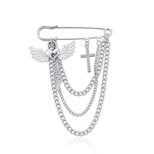 Punk Gothic Alloy Winged Heart Lock Cross Multilayer Chain Brooch For Women Y2K Silver Safety Pin Pendant Jewelry Accessory